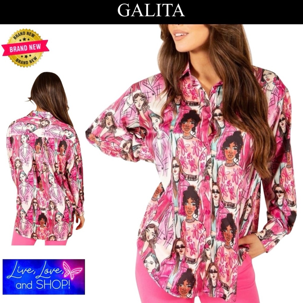 GALITA Buttoned Down Loose Fit Shirt: Multiple Women Faces (Medium Prints,) NWT